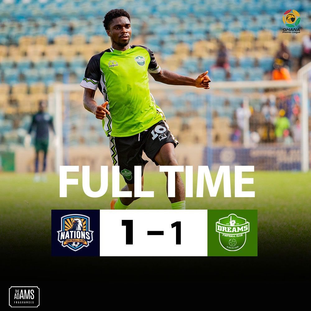 Players battling for the ball during Nations FC vs Dreams FC match