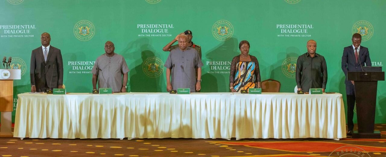 Former President Mahama speaking with business leaders in Ghana