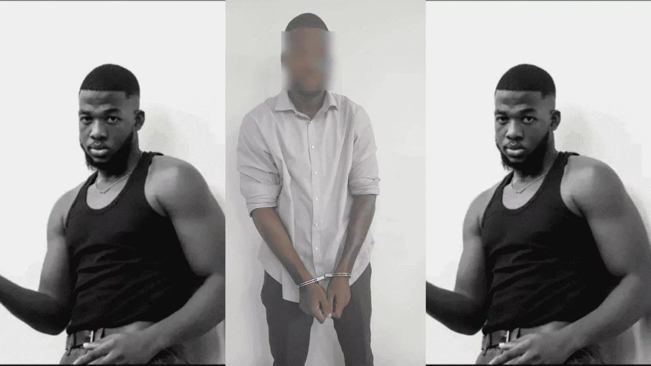 A stylized image of a police officer's hand on a keyboard, with social media icons floating digitally above, representing cybercrime investigation.