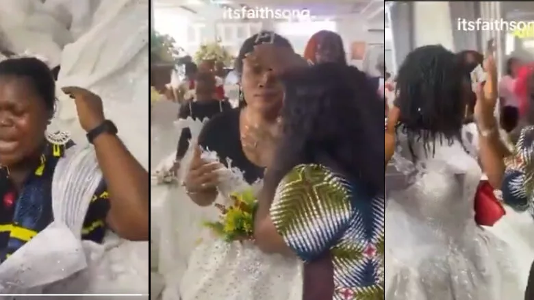 Women in wedding gowns praying in a church