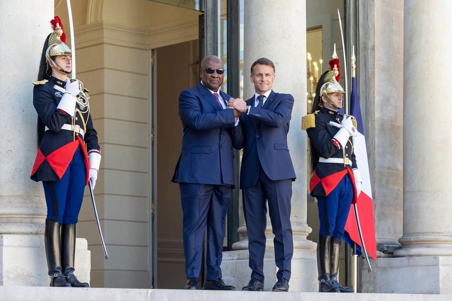 President Emmanuel Macron and President John Dramani Mahama meeting at the Élysée Palace