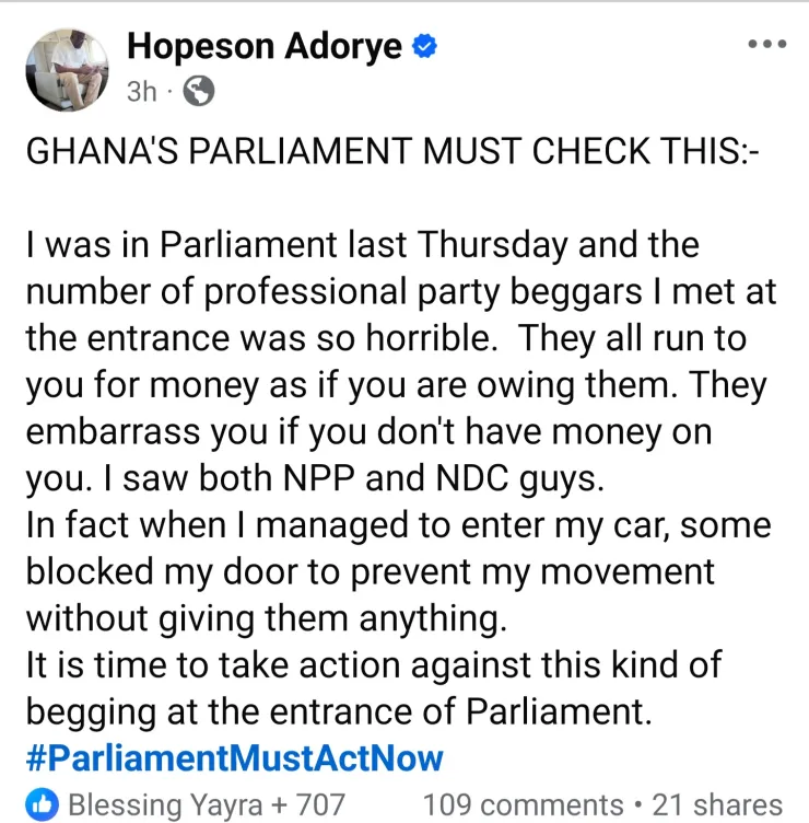 Image for Hopeson Adorye: Parliament Must Act Against Begging at Its Entrance